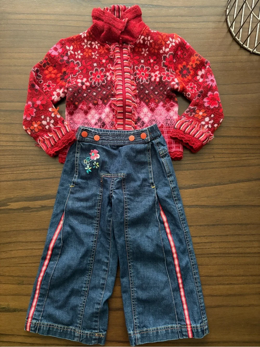 Oilily Red Floral Knit Zip Sweater with Denim Embroidered Pants